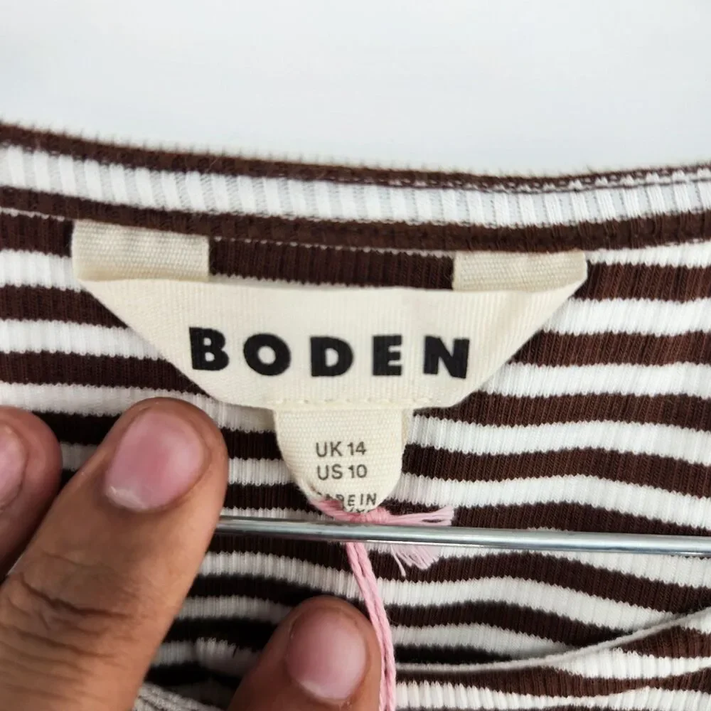 Boden Women's Size US 10‎ Potting Soil Ivory Stripe Ribbed Puff Sleeve Top NWT